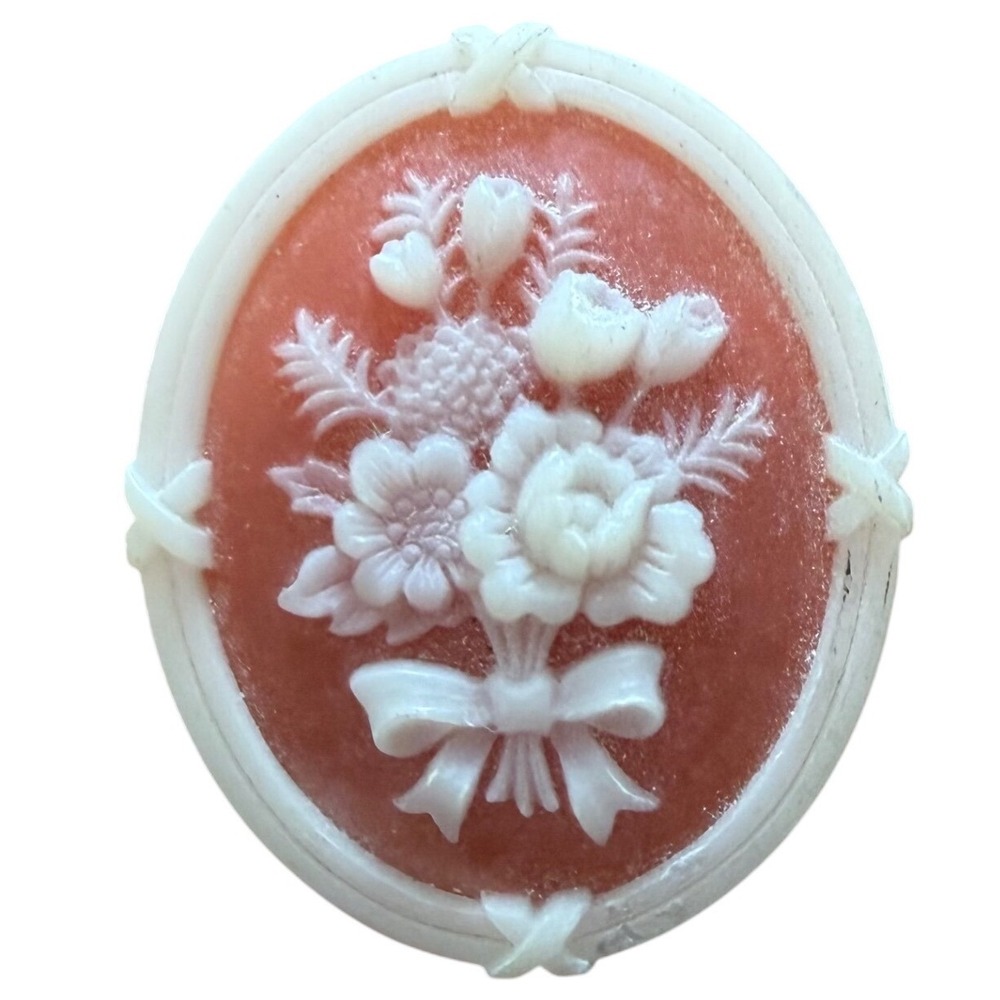 Vintage Coral Pink Ivory Floral Cameo Brooch Molded Resin Flower Bouquet Pin